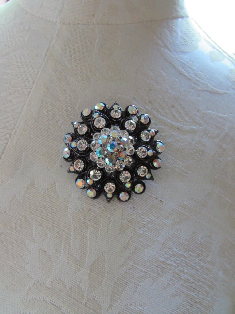 Domed Brooch Pendant Clear Rhinestones Black Japanned Mount